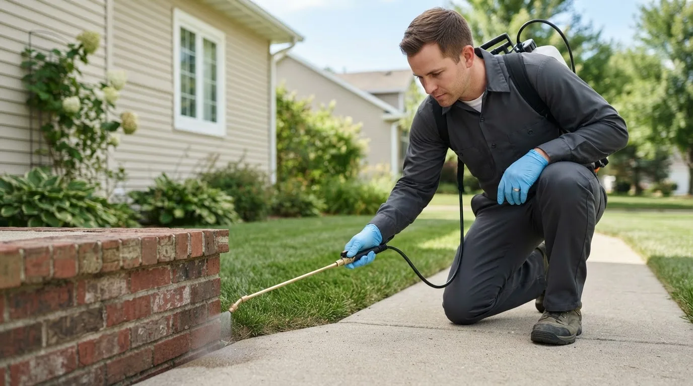 Pest control technician treating a home near Sharon, MA