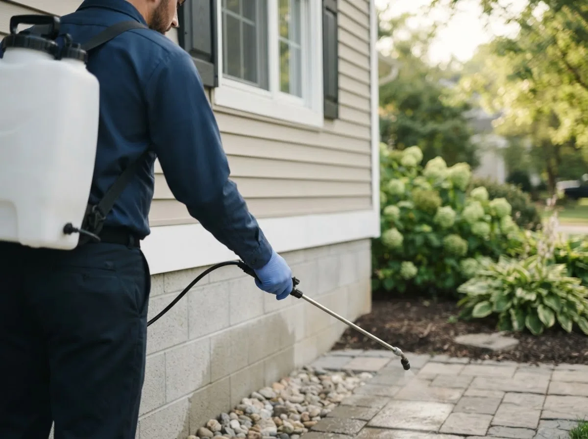 Pest control technician inspecting a home in Sharon, MA